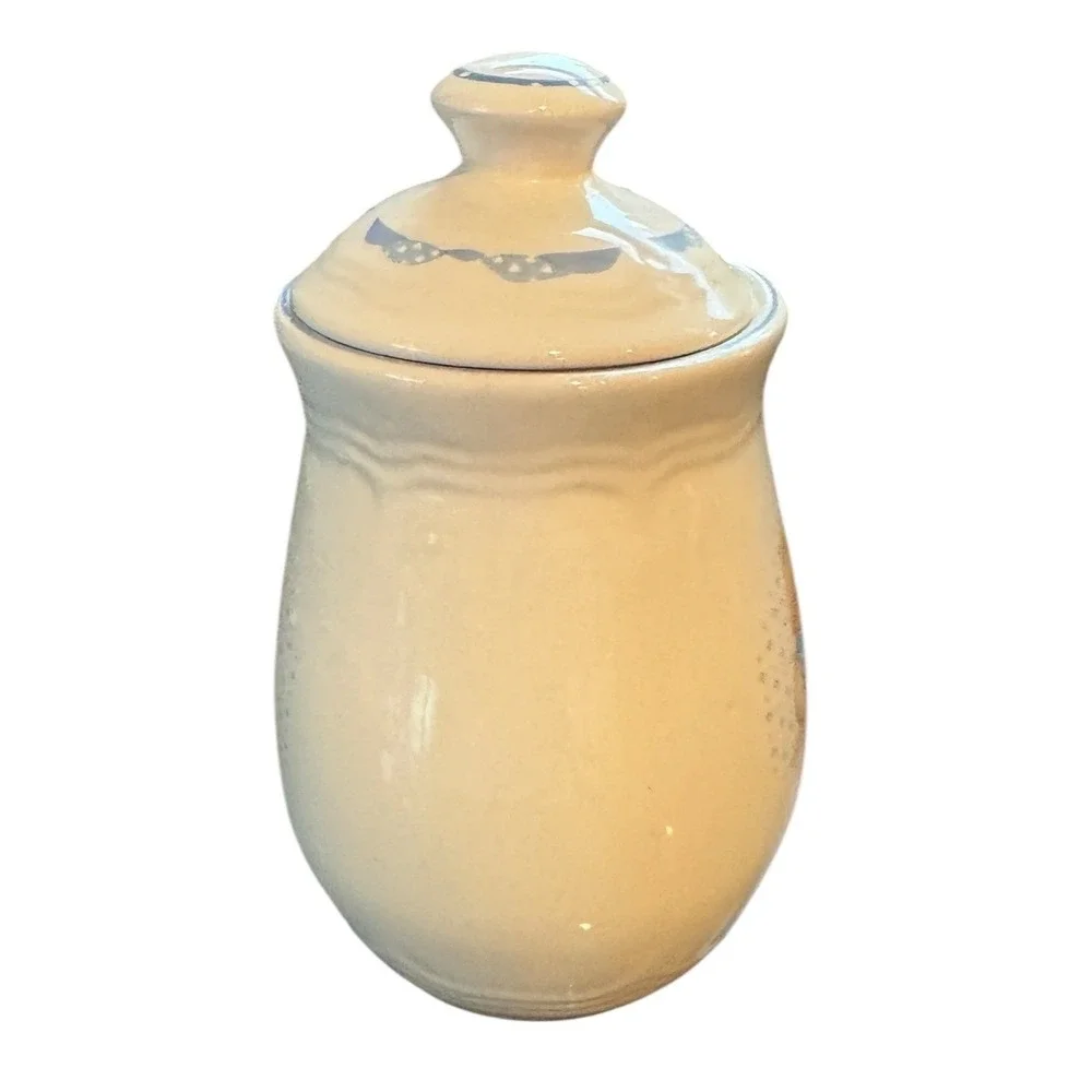 Tienshan‎ Stoneware Teddy Bear Canister Jar with Lid Blue Bow Cream Vintage 6.5